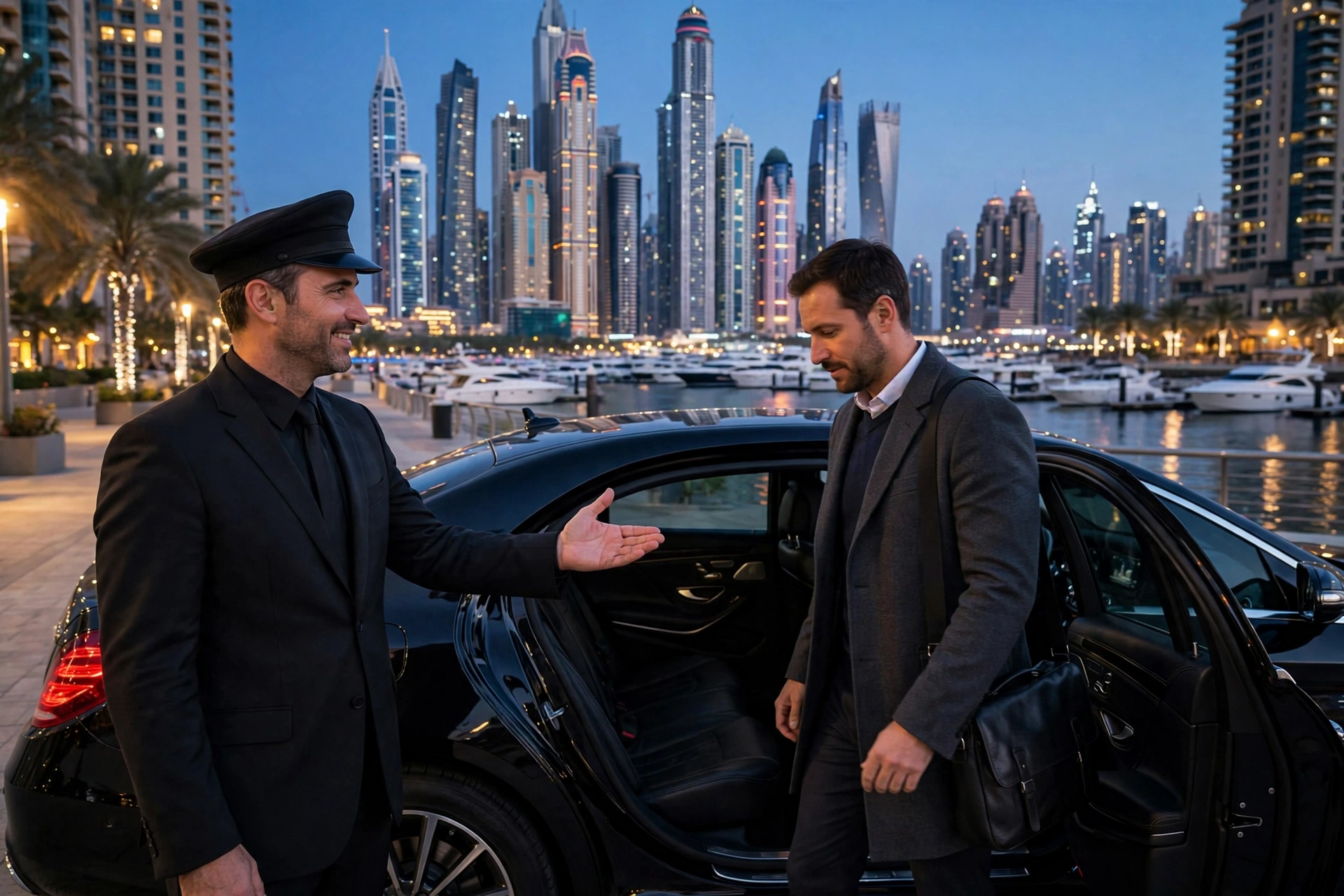 Safe driver service cost in Dubai - professional chauffeur with luxury car at dusk