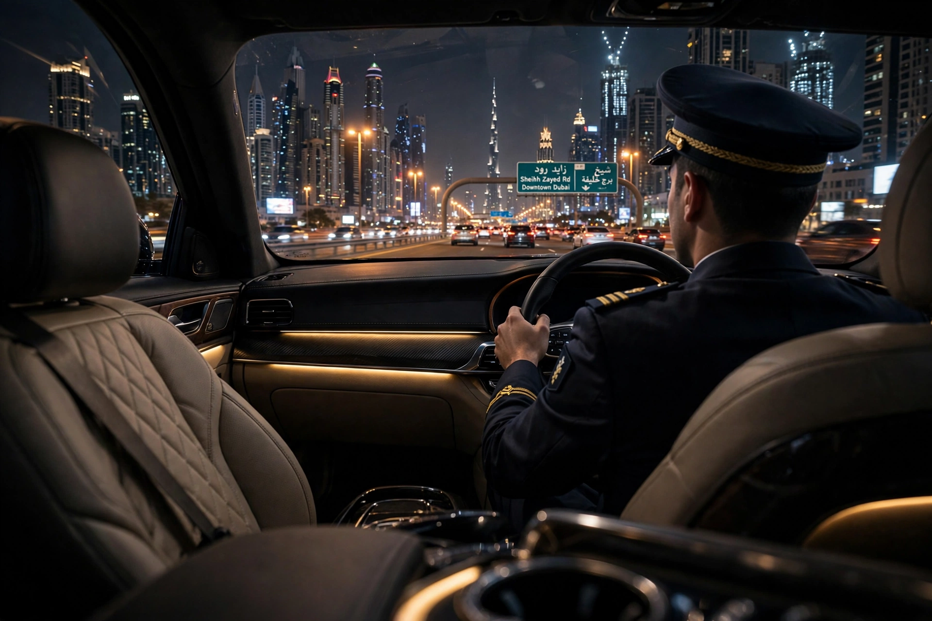 Safe driver Dubai cost: professional driver driving through Dubai at night